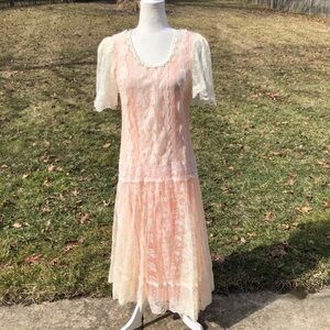 Vintage 80s does 20s cream lace pink flapper drop waist dress Downton Regency